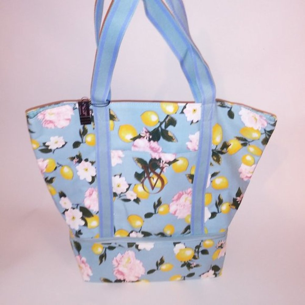 Victoria Secret Cooler Tote Bag Blue Yellow Lemons Beach Bag 13" X 15" New With